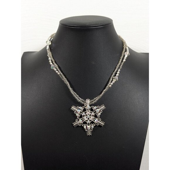 Aurora Borealis Crystal Snowflake Pendant Multi Strand Necklace Holdiay Winter - Picture 2 of 10